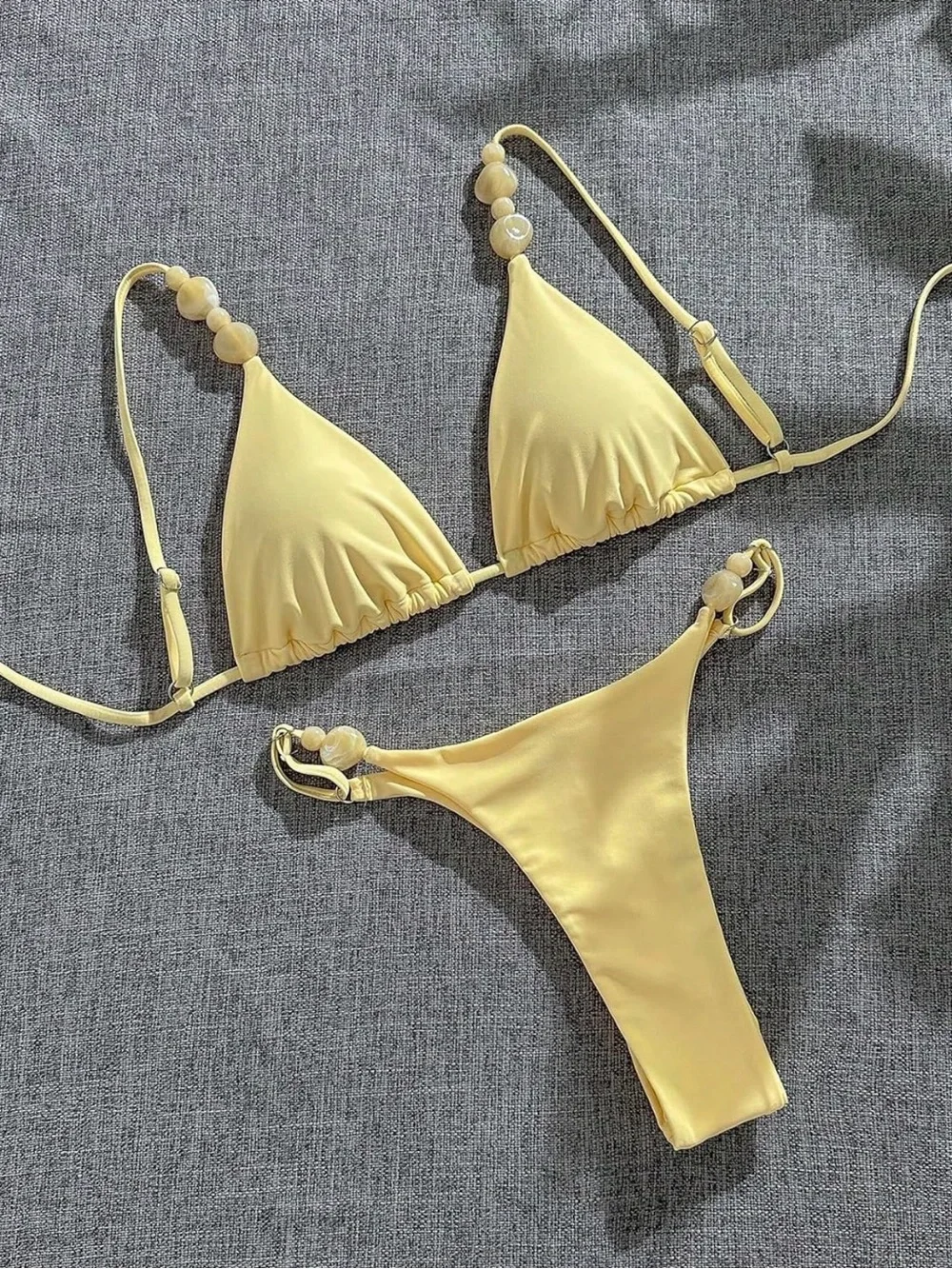 Beaded Yellow Triangle Bikini Set - Women's Swimwear